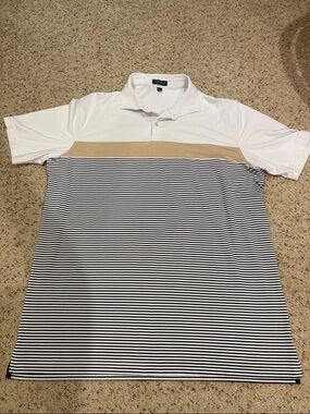Peter Millar White, Beige & Navy Striped Polo XL
